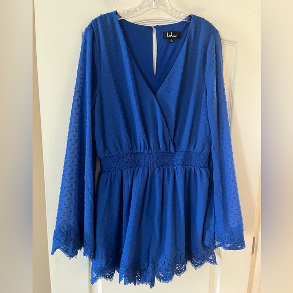 Lulus Pants - Lulu's Royal Blue Lace V-Neck Romper Cinched Waist Women’s Size Large